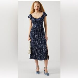 Hollister Blue and White Ruched Midi Sundress